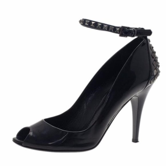 BURBERRY BLACK PATENT LEATHER ANKLE CUFF PEEP-TOE STUDDED PUMPS SIZE 6 - Picture 3 of 5